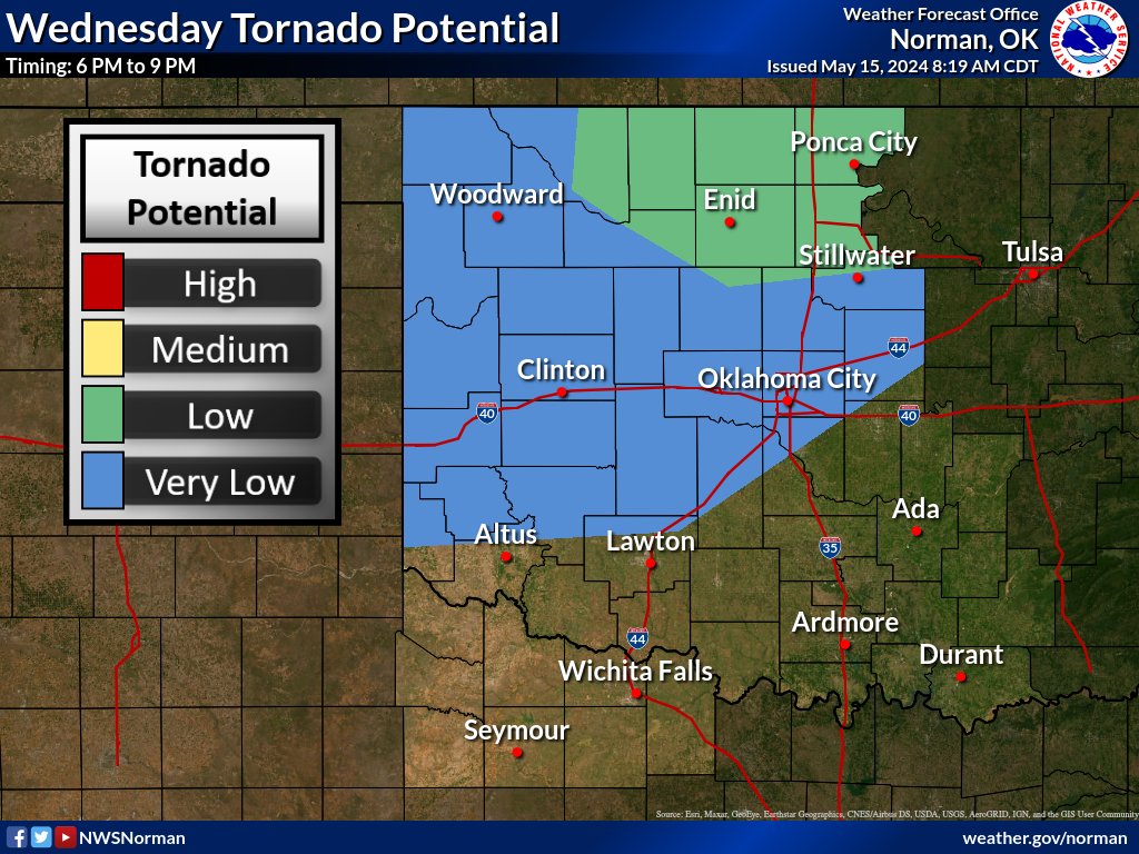 Severe storms possible with wind gusts up to 80 mph and large hail up to golf balls. Tornado risk is low.

*Updated* Timing:
Area 1: Most likely time extended to 11 PM, and
              Ending time extended to 1 AM
Area 2: Most likely time extended to 1 AM

#okwx #texomawx