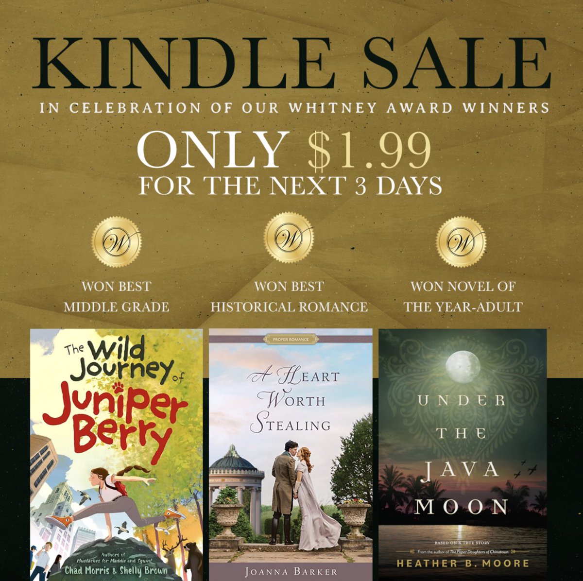 My awesome publisher (@shadowmountainpub) is having a 3-day sale to celebrate the whole Whitney award thing! And congrats to @authorhbmoore and @joannabarker too!
