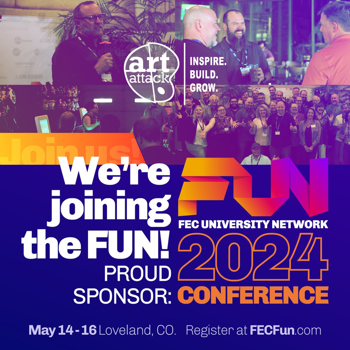 Art Attack is proud to be sponsoring and attending the FUN 2024 Conference in Loveland, Colorado, from May 14-16th! Connecting with like-minded individuals and learning from industry leaders is always so much FUN! #InspireBuildGrow #FECFUN #FUN2024 #Loveland #Colorado #Conference