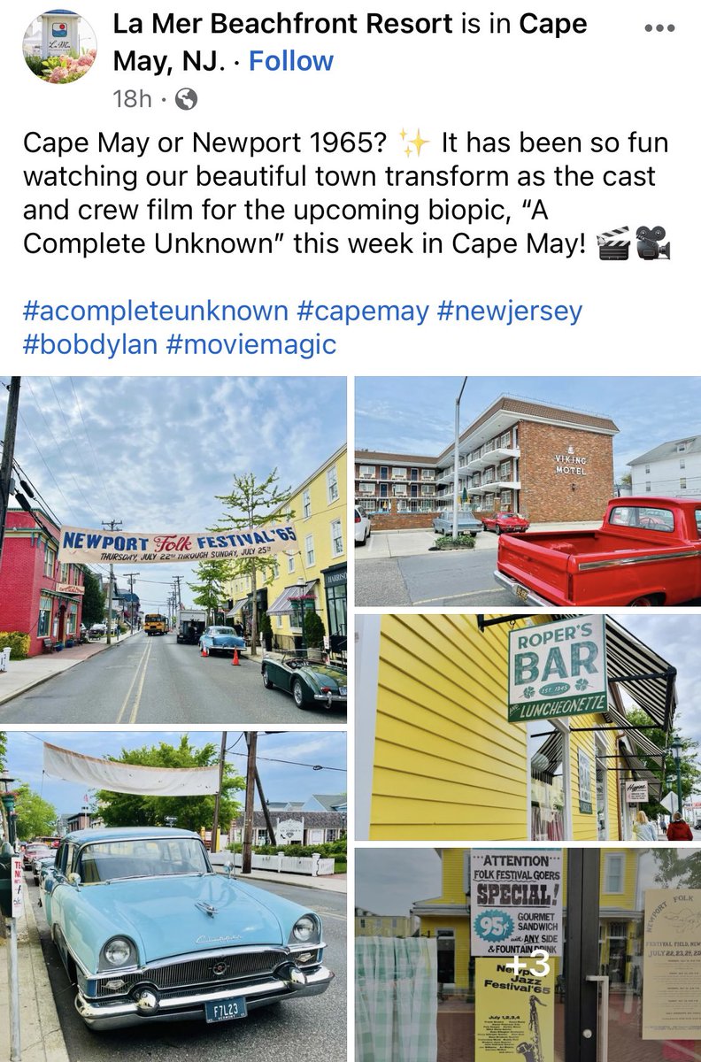 Cape May, New Jersey, playing the role of 1965 Newport for filming of new Bob Dylan biopic starring Timothee Chalamet, “A Complete Unknown.” Why not Newport, though?