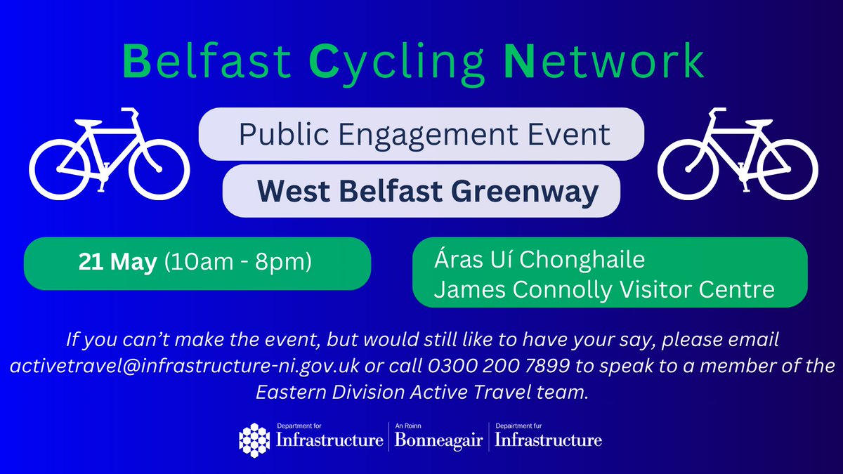 🚲 Our series of public information events on emerging Belfast Cycling Network (BCN) proposals continues with the West Belfast Greenway Scheme: 📍 Tue 21 May (10am-8pm) 📍 James Connolly Visitor Centre These events will allow for discussion around barriers & opportunities for