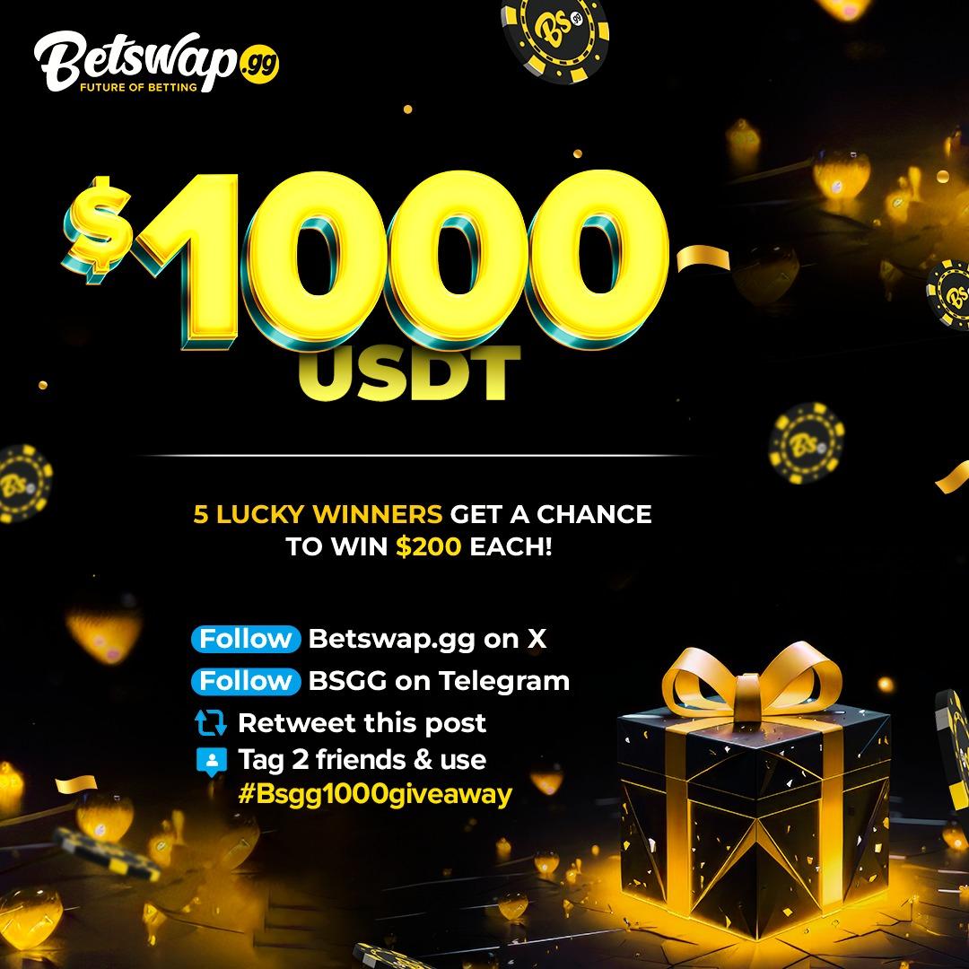 #ContestAlert $1000 USDT up for grabs every week! 

5 lucky winners get $200 each! 

How to Enter:
🔹Follow us on X -  x.com/BetswapGG 🐦 Take a screenshot and send it to us via DM to complete your entry.
🔹Follow us on Telegram - t.me/Betswap_GG 🚀 Once you're