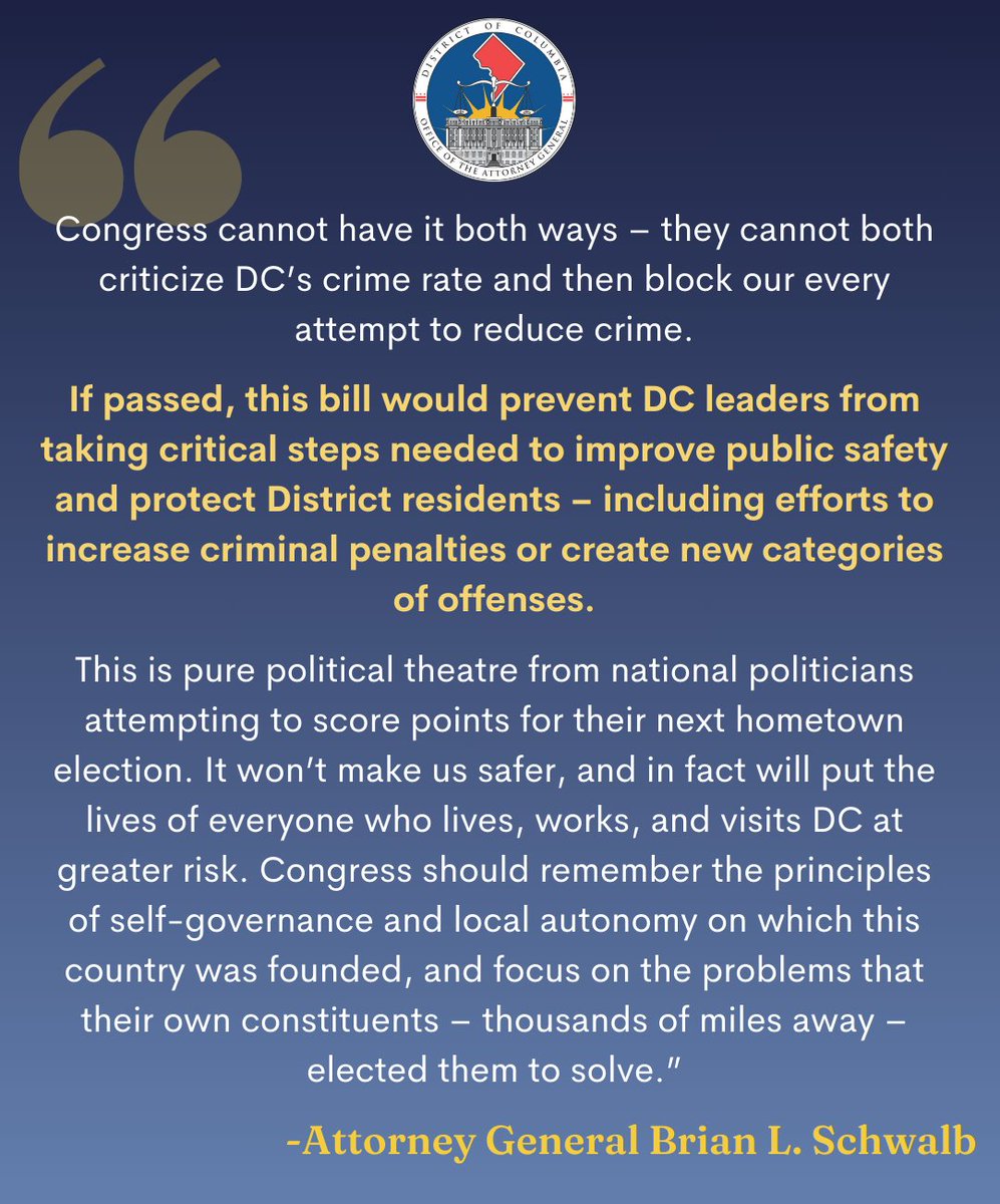 Alongside Mayor Bowser and Chairman Mendelson, I’m urging Congress to vote against the DC CRIMES Act, which would prevent the District from taking critical steps needed to improve public safety. Read our letter here: rb.gy/sfq8y8 And my full statement below👇