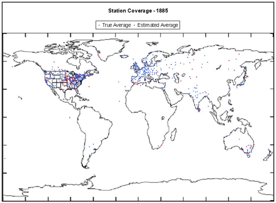 Hot climate lying: And last summer was 2.07 degrees Celsius warmer than the average summer temperature between 1850 and 1900. Check out the global thermometer coverage (blue dots) from 1885. Does it look like anyone could credibly claim to calculate an 'average'