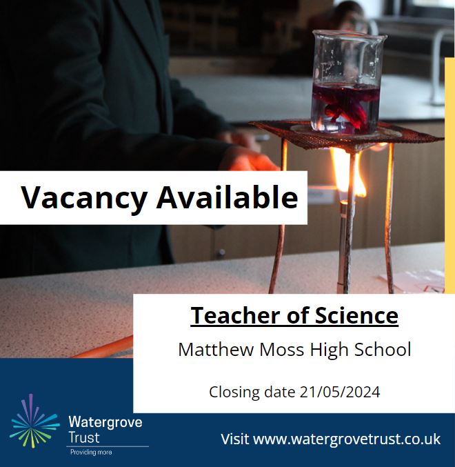 New Vacancy Alert! 🚨 An exciting opportunity has arisen for a committed and enthusiastic scientist to join our team in providing learners with the opportunity to develop their own love of science. Apply here: bit.ly/3wGqM9W #providingmore #watergrovetrust #vacancies