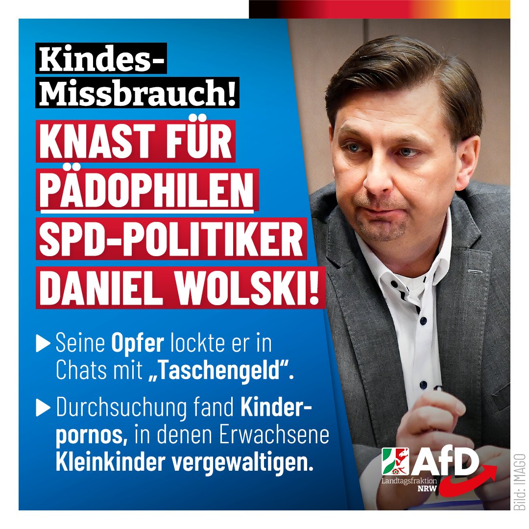 Missbrauch & Kinderpornos: 3 Jahre Haft für SPD-Politiker Daniel #Wolski. „Unerträglich, dass ein Politiker, der vorgegeben hat, die Interessen der Schwächsten zu vertreten, solche abscheulichen Taten begeht.“ Z. Schalley (#AfD)

#ltNRW #Kindesmissbrauch