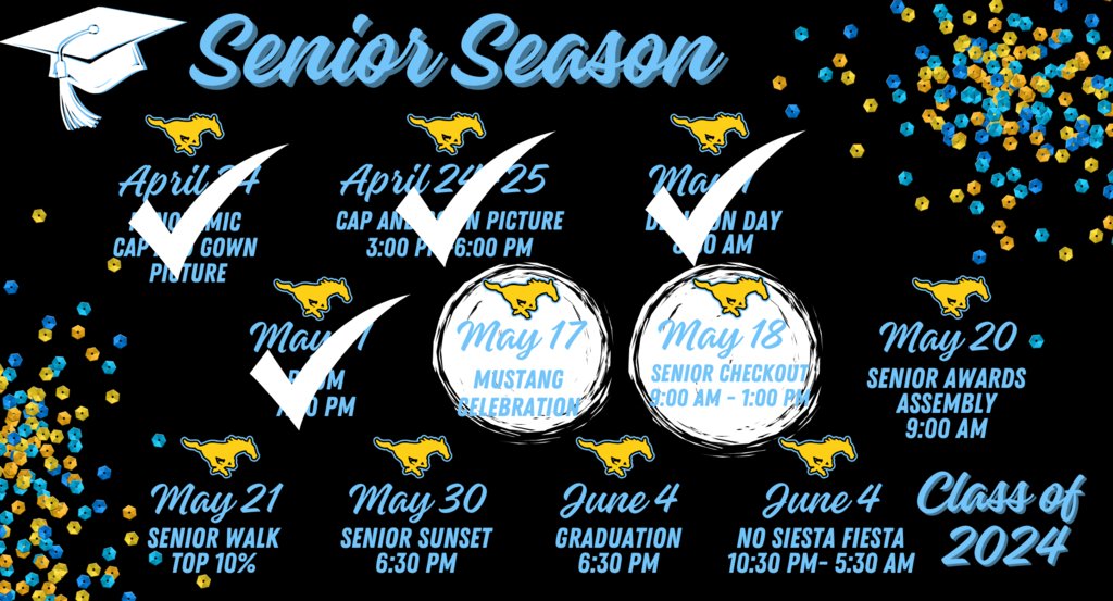 💛🎓Senior Season - This Week 🎓🩵 ✅Mustang Celebration 10:05 - 11:15 ✅Senior Check Out 9:00- 1:00 #1PRIDE #Mustangs2024 #mcallenisd