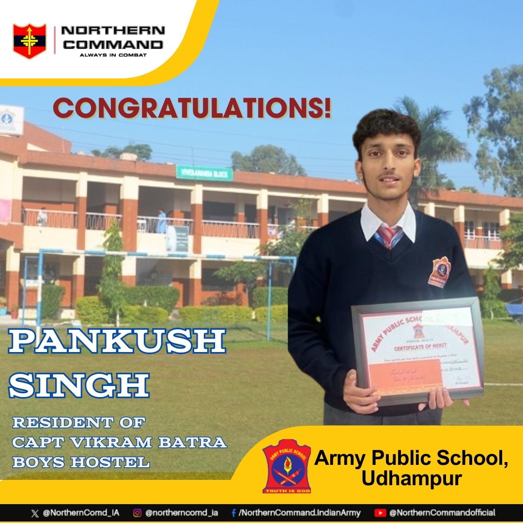 A proud moment for Dhruva Command. A resident of Capt Vikram Batra, PVC Boys Hostel, and student of APS Udhampur 𝗠𝗿 𝗣𝗮𝗻𝗸𝘂𝘀𝗵 𝗦𝗶𝗻𝗴𝗵, s/o Mr Sukhdev Singh achieved an outstanding result! Hailing from a humble background in Reasi, he achieved a remarkable feat by