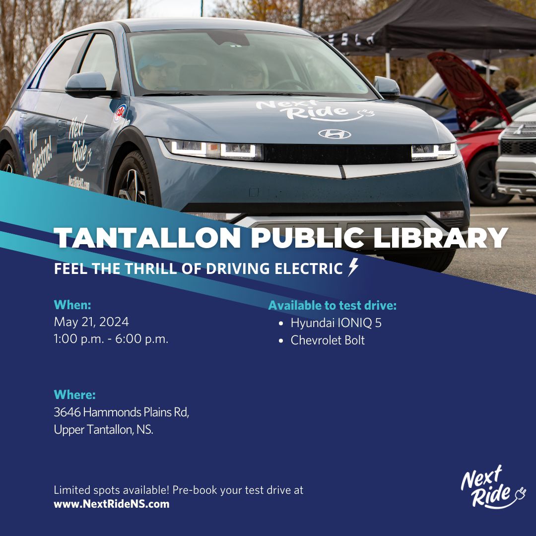 Join us at the Tantallon Public Library on May 21 for your chance to feel the thrill of driving electric!  

Book your test drives now at nextridens.ca! 

#Ebikes #Ebike #NovaScotia #driveelectric #EV  #NextRide
