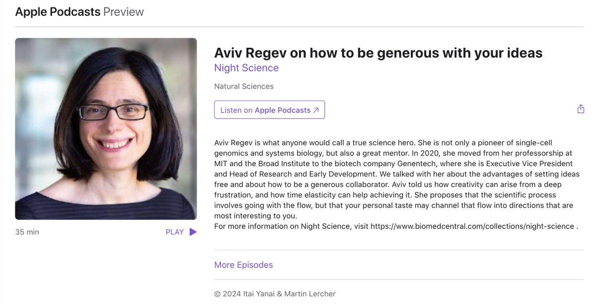 Aviv Regev on collaborations: be generous with your ideas, your abilities, with resources that you have, your time, your mindset... And when everyone in a collaboration behaves in this way, then of course, it's a lot of fun. podcasts.apple.com/us/podcast/avi… @nightsciencepod