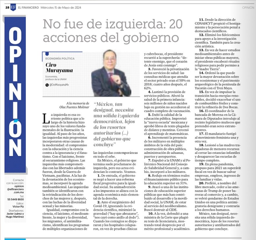 Las izquierdas hacen suyo un valor de la Ilustración: la igualdad.

Reivindican la ciencia y el laicismo.

Apoyan los derechos de la mujer y las minorías.

Defienden el medioambiente.

Ergo: este gobierno NO fue de izquierda.

Mi texto en <a href="/ElFinanciero_Mx/">El Financiero</a> 
elfinanciero.com.mx/opinion/ciro-m…