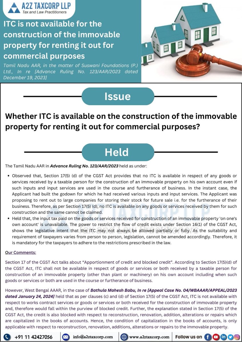 📛💥 ITC is not available for the construction of the immovable property for renting it out for commercial purposes [GST Newsletter]