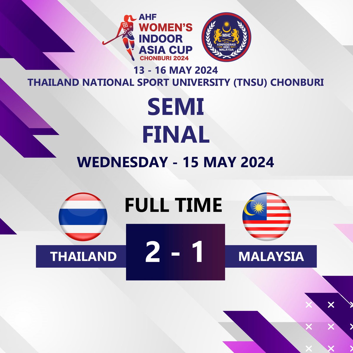 Women's Indoor Asia Cup 2024

Wednesday - 15 May (Semi Final)

FULL TIME

Thailand 2-1 Malaysia 

7' (PC) Todkaew Jiratchaya (THA)
27' (PC) Sakulpithak Tikhamporn (THA)
32' (PC) Nur Atira Mohamad Ismail