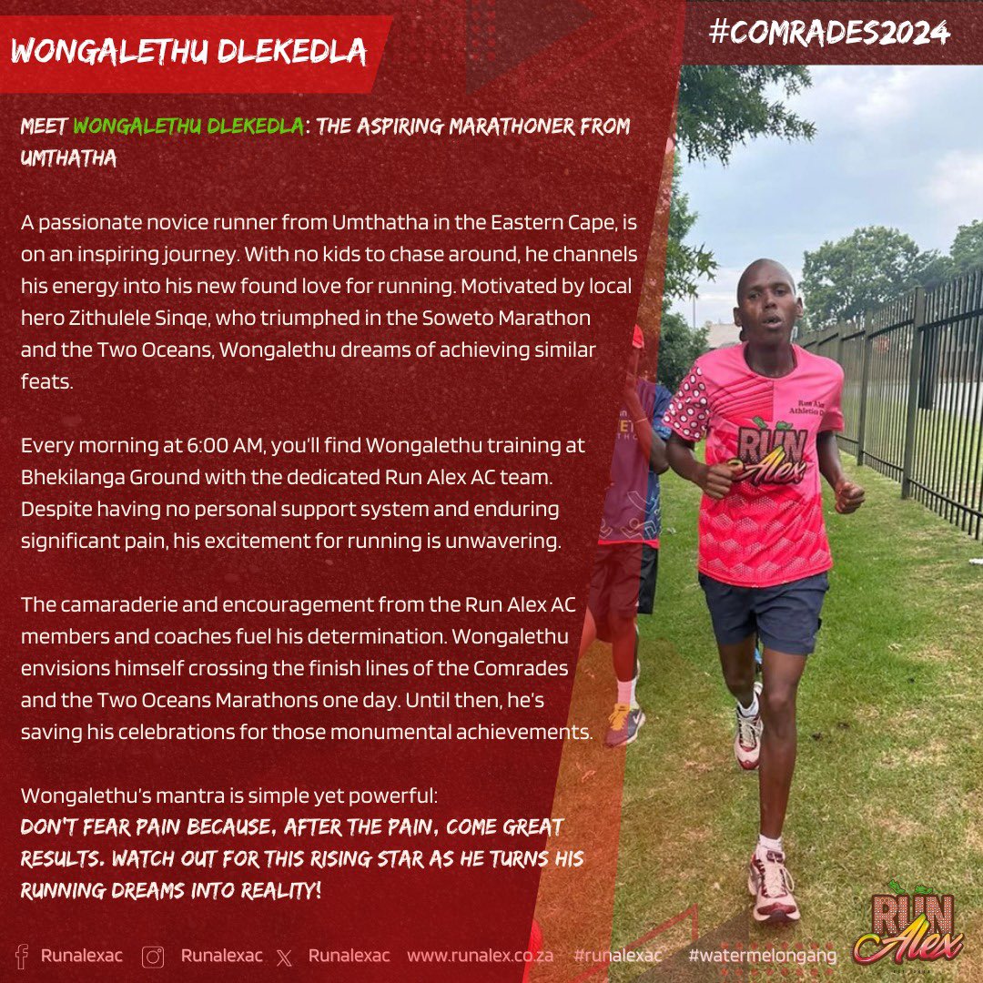 Join us as we wish Wongalethu “Mhlekazi” Dlekedla well on his very first @ComradesRace. We are fully behind you and support you all the way champ. Bring that medal home! 👏🏼🙌🏼 #WatermelonGang🍉 #RunAlexAC #Comrades2024
