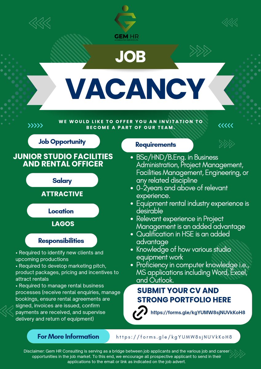 Job Alert! We've got the latest job opening for a Junior Studio Facilities and Rental Officer! Check out this exciting opportunity and apply now! #rentalofficer 

 #consultancy #ChangeManagement #corporatestrategy #changemanager #smeconsulting #executivecoaching #businessinsider