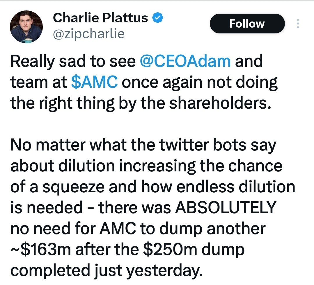 Sorry Charlie you are WRONG.
#AMC
@zipcharlie
@CEOAdam
I SUPPORT MY CEO ADAM ARON
💯💯👍👍
It’s important to note that companies may issue new shares for various reasons, such as raising capital to pay down debt, finance operations, or invest in growth opportunities.