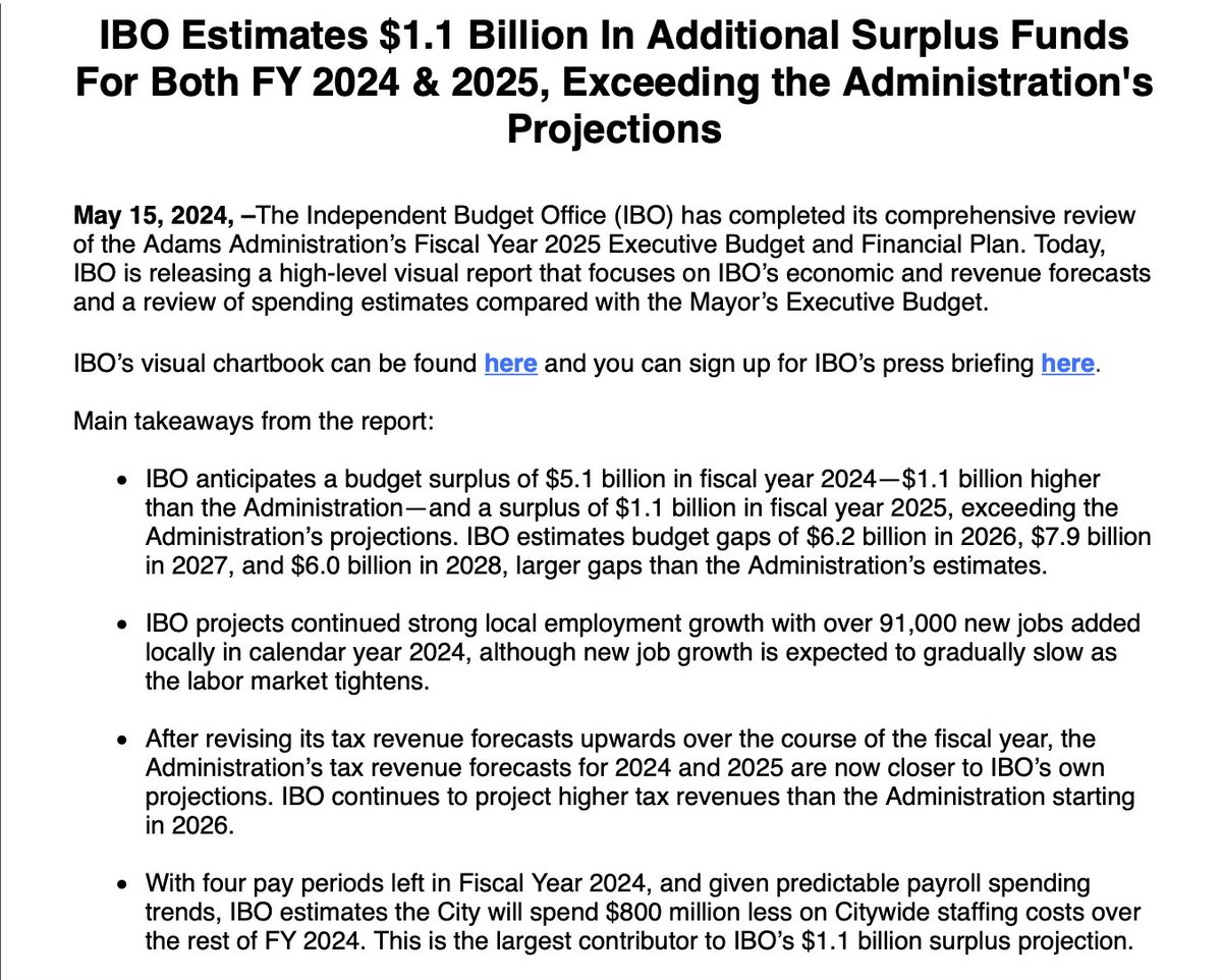 New: the @nycibo projects $1.1B more in surpluses this year and next than @NYCMayor did in his budget plan. More fuel for the City Council as they push to fully undo the spending cuts Mayor Adams began implementing last year.
