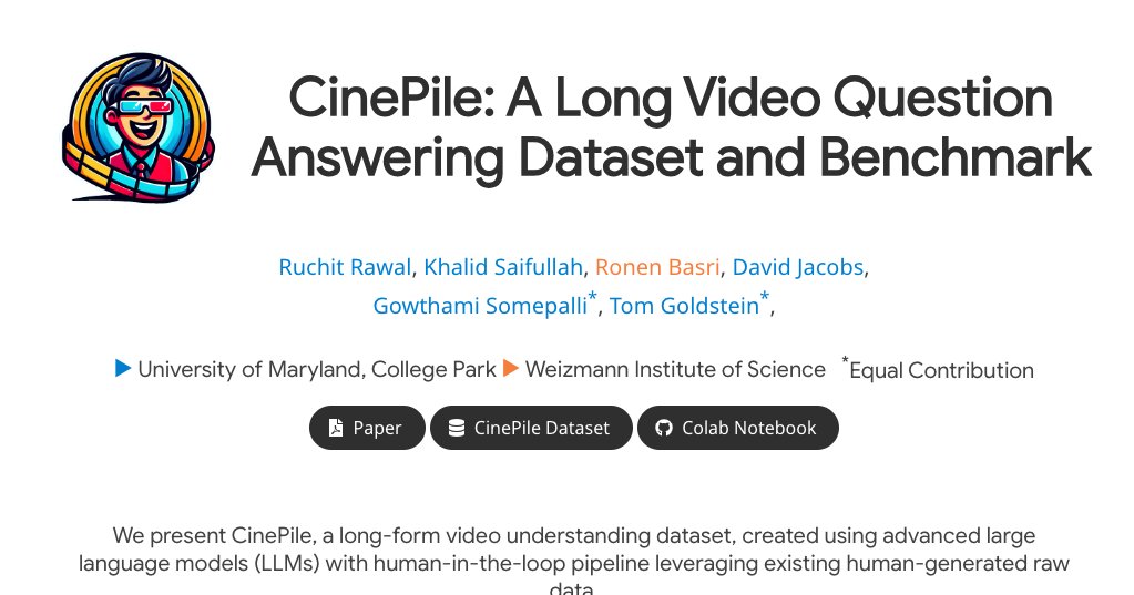 📣 Happy to introduce, CinePile, a long video QA dataset and benchmark! 300k train and 5k test split. A 🧶. (1/9)

📃: arxiv.org/abs/2405.08813
🤗: huggingface.co/datasets/tomg-… 

#MachineLearning