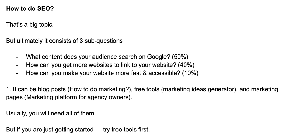 Updated my guide 'How to do marketing' Added 5 how-to's: • How to write marketing copy? • How to get feedback from the first users? • How to do SEO? • How to do email marketing? • How to do paid ads? docs.google.com/document/d/e/2… It's still a free Google document :)