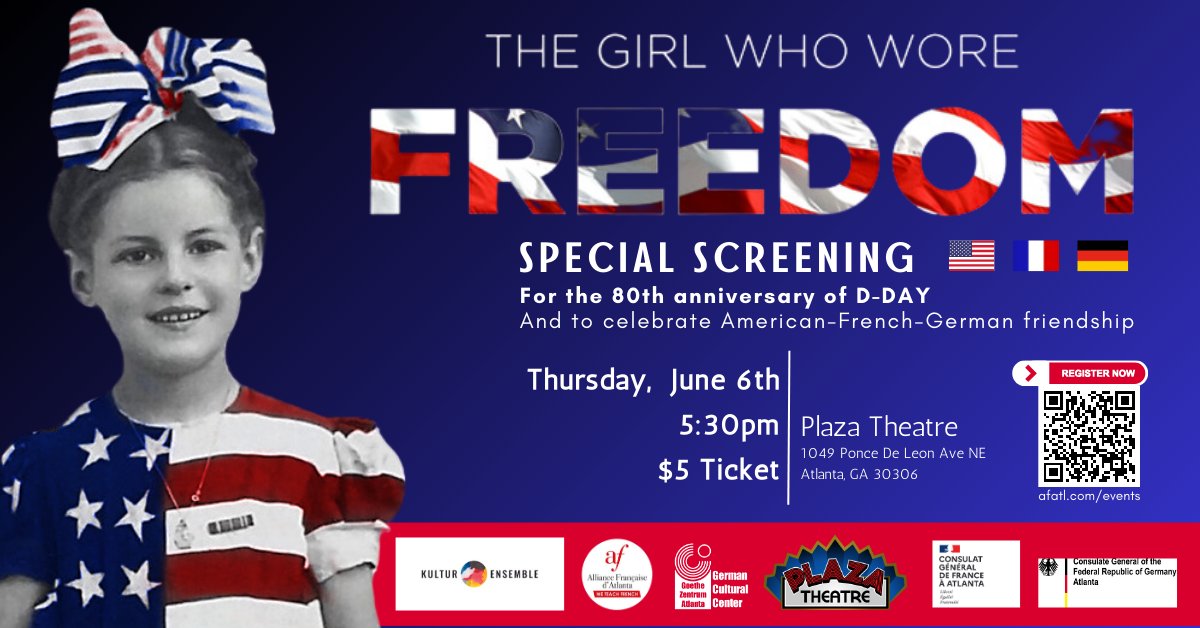 Celebrate the 80th anniversary of D-Day, and the 🇺🇸🇩🇪🇫🇷 friendship in Atlanta! Join us for a special screening of the award-winning documentary “The Girl Who Wore Freedom” on June 6, 5:30pm at Plaza Atlanta! Info at bit.ly/3JNwhqz #dday80 #veterans #thegirlwhoworefreedom
