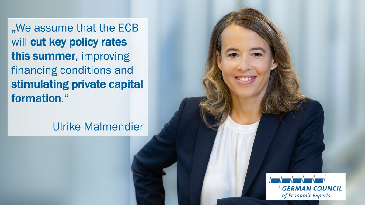 #EconomicOutlook: Inflation in Germany is expected to keep declining. @GCEE_en expects #inflation rates of 2.4% in 2024 and 2.1% in 2025. However, rising labour costs and weak productivity growth will slow the further decline in inflation. sachverstaendigenrat-wirtschaft.de/en/spring-repo…