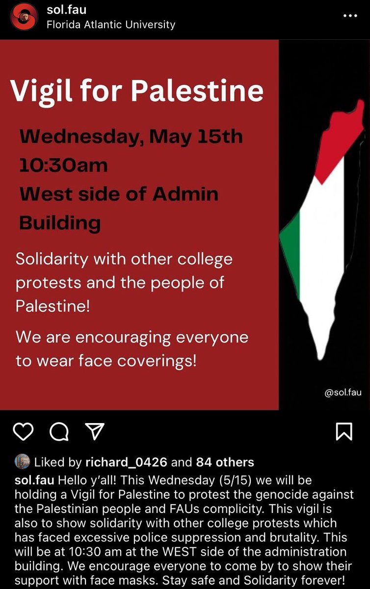 Solidarity @ FAU is holding a “ ‘Vigil for Palestine’ to protest the genocide that against Palestinian people and FAUs complicity,” per their Instagram. 

The University Press will be posting live updates. Follow along on Instagram for faster, live updates.