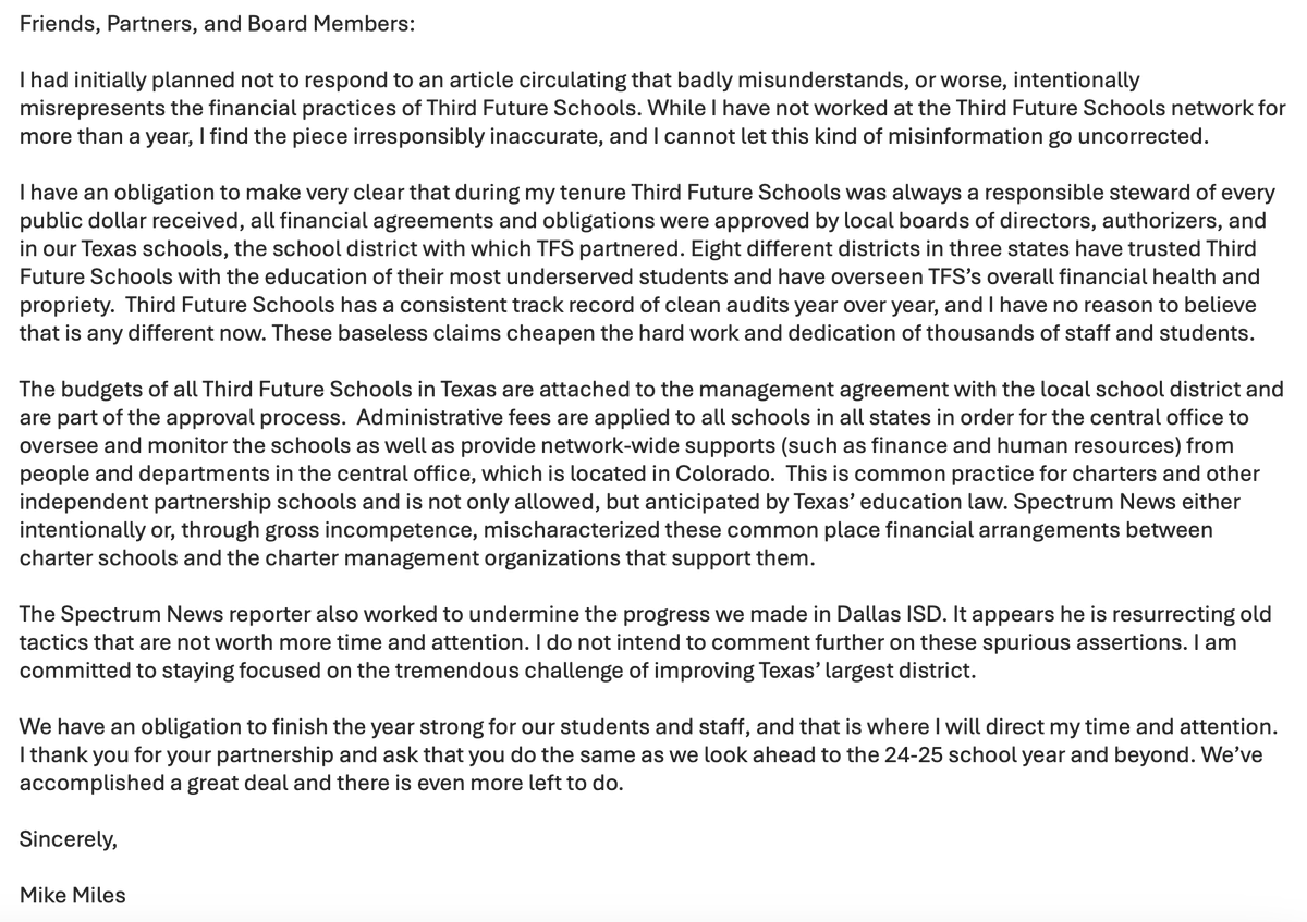 Forrest4Trees's tweet photo. Mike Miles has put out a statement saying the Spectrum story "badly misunderstands, or worse, intentionally misrepresents the financial practices of Third Future Schools." https://t.co/Ow6j2H7sbd