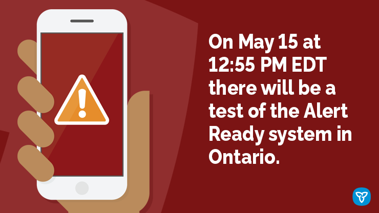 Today, there will be a routine test of the @AlertReady emergency alerting system. The test message will be distributed over TV, radio and compatible wireless devices, and will occur at 12:55 PM EDT. Please visit alertready.ca for more information.