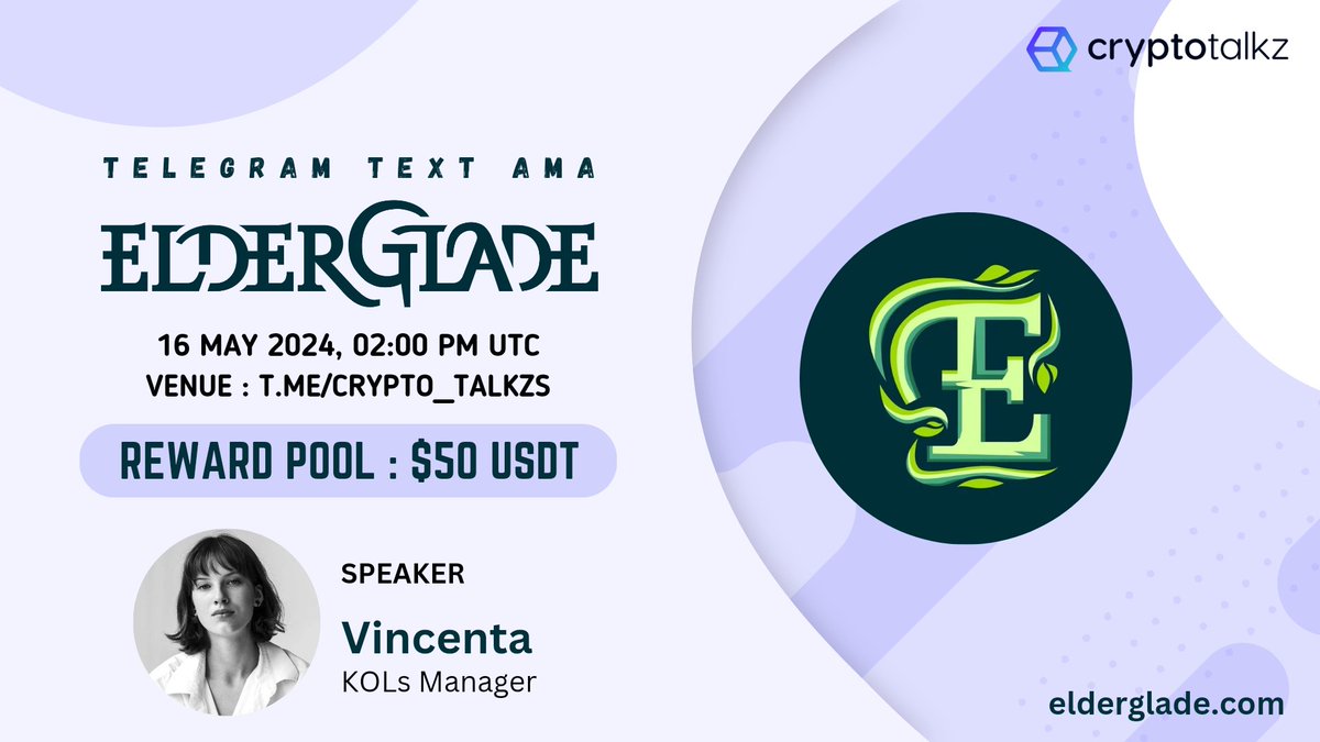 🎙️ Get ready for our next #TelegramTextAMA featuring Elderglade 🦊 Elderglade is an #AI-driven retro style #MMORPG Turn Based #PvPvE extraction looter powered by blockchain and fueled by $ELDE. 📆 Date : 16th May 2024, 2 PM UTC 💵 Reward : $50 USDT 🏠 Venue :