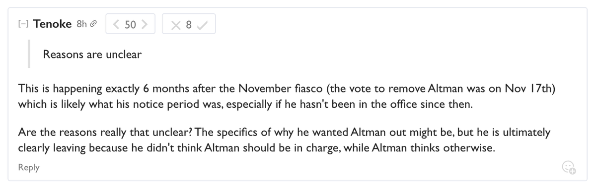 On LessWrong, someone notes that Ilya's departure comes six months after the board saga, so if quit then with and had a six month notice period, it would be up this week.