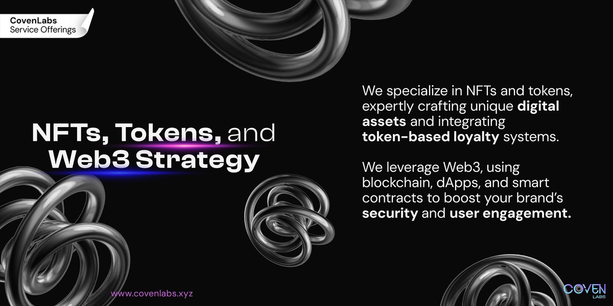 Step into the future with CovenLabs' Web3 innovations! 🚀💡Specializing in NFTs and tokens, we craft unique digital assets and integrate token systems into loyalty programs, adding value and uniqueness to your brand. 

#CovenLabs #Digitalization #TechImpact #DigitalTransformation