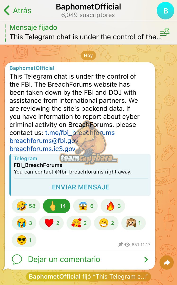 🚨 El FBI habría tomado el control de un conocido foro dedicado al #cibercrimen y del canal de Telegram de uno de sus administradores. 🔎 Fuente: @teamcapybara_ #Ciberseguridad