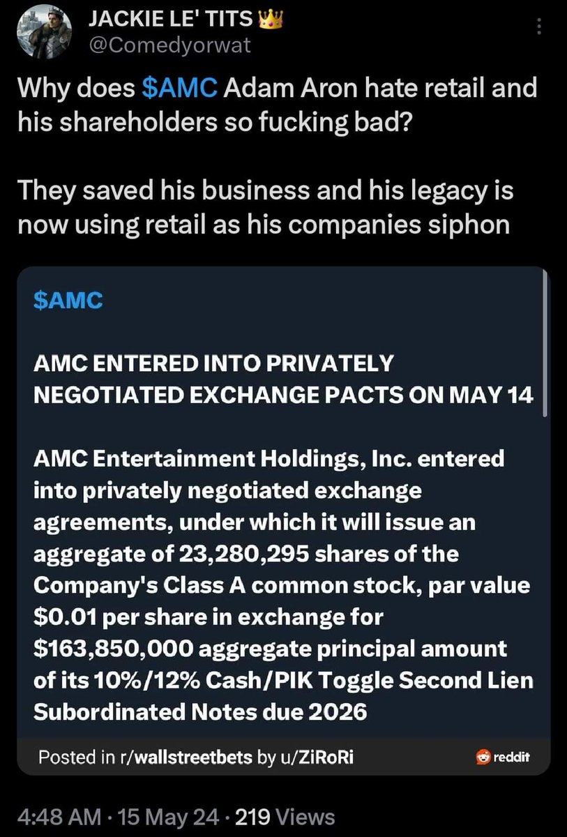 Sorry to those #amc holders that Adam Aaron of @AMCTheatres decided to fuck every single retail holder between 21 and now. And now look. He wants to fuck you even harder

NFA but you will find freedom with $gme  recoup your losses from this freak. Buy $gme NFA