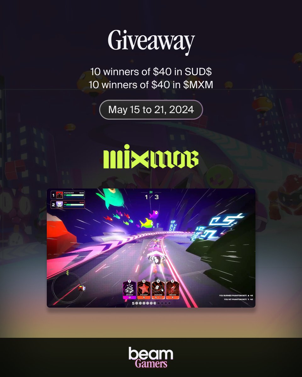 🤖 BeamGamers x MixMob: Racer 1 Giveaway 🎮 🗓️ May 15-21 Rev your bots up for the ultimate racing challenge in @MixMobOrigin! Compete and win in a fusion of strategy and speed! 🏆 Prizes: 10 winners of $40 in $MXM tokens 💸 10 winners of $40 in SUD$ tokens 💸 🚀 Here’s how to