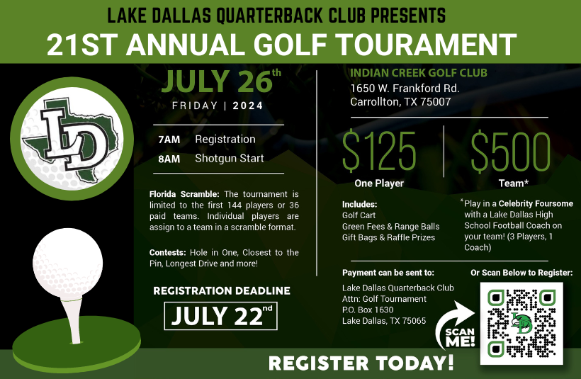 Fore! Get ready for the annual golf tournament to support our Falcons. Register your team at rb.gy/7g9s5q, and let's make this year's event the best one yet! #LakeDallasQuarterbackClub #GolfTournament #SupportTheFalcons