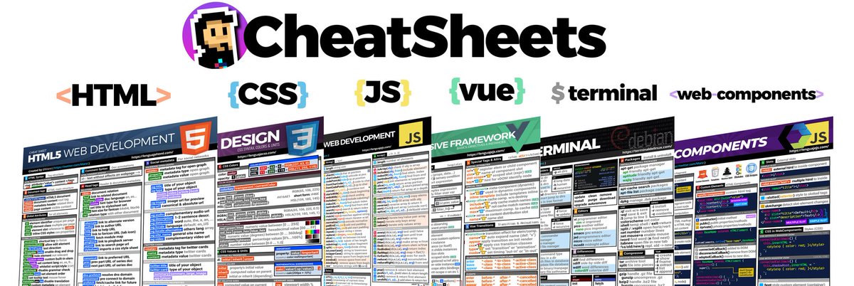 ¡Cheatsheets (PDF) de tus tecnologías favoritas!

✨ Etiquetas HTML y SVG
✨ Propiedades de CSS
✨ Métodos Javascript, DOM, etc...
✨ Conceptos sobre Vue (API Opciones)
✨ Comandos de terminal de Linux
✨ WebComponents y tecnologías relacionadas

Link abajo ⬇