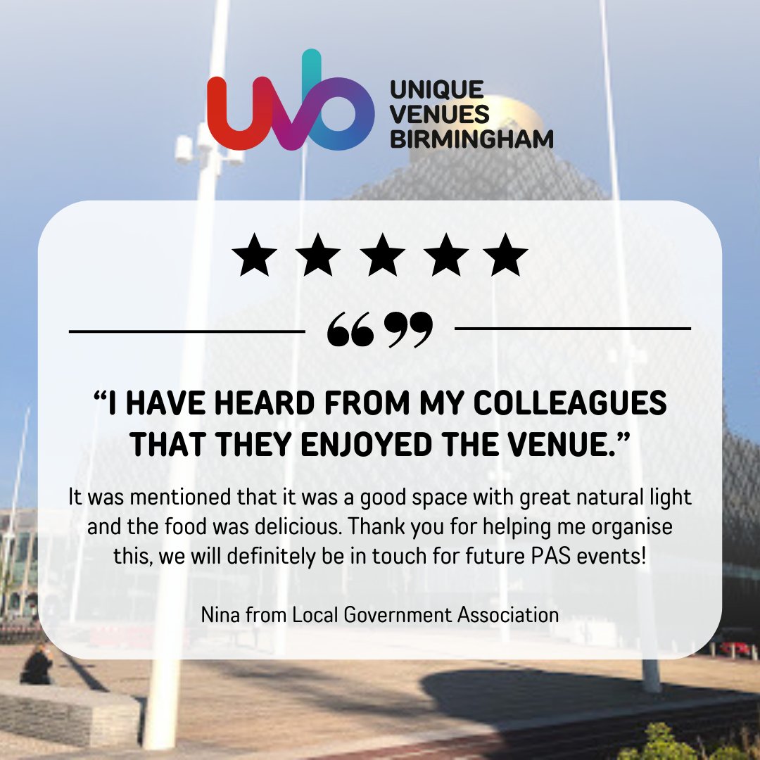 Proud to share amazing feedback from Nina from the Local Government Association. Thank you for your kind words, we're delighted to hear that your event at UVB was a success. We look forward to welcoming you back. 🤝 Get in touch with our team today: bit.ly/3FEgKIt