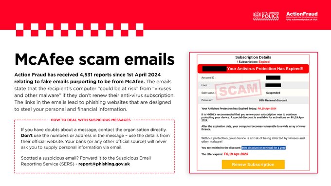 🚨Watch out for these FAKE McAfee emails, they've been reported to us over 4,500 times. 🚨 ✅Report suspicious emails by forwarding them to: report@phishing.gov.uk ℹ️ Your reports enable us to remove emails and websites used to perpetrate fraud. #ReportPhish