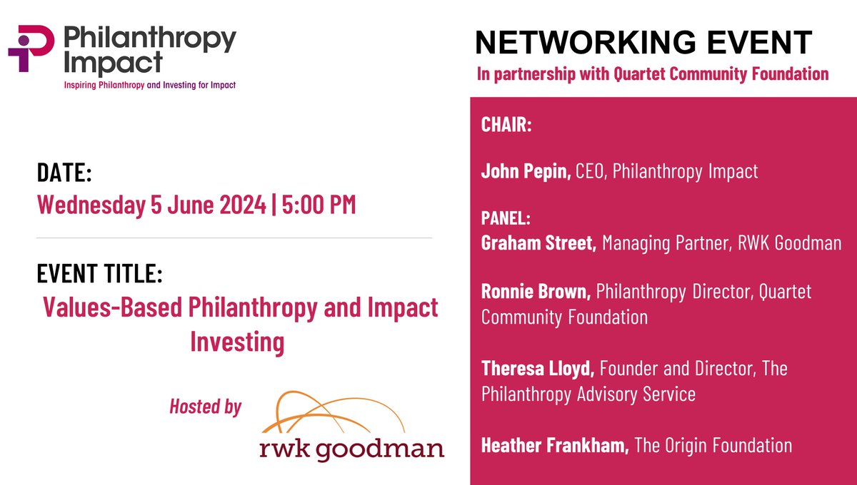 In-person event invite 📧

Join us for a networking event in Bristol with our members at @QuartetCF_BANES and generously hosted by RWK Goodman, where we'll explore value-based discussions on philanthropy and impact investing.

Register here 👉🏽 ow.ly/5cao50RH74w