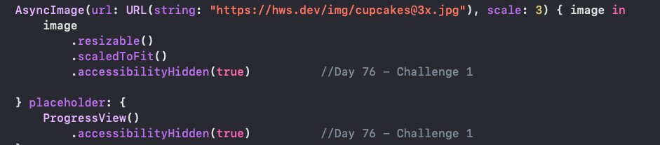 KhumarGirdhar's tweet image. Day 76 of the #100DaysOfSwiftUI

Accessibility: Project 15 - Day 3
(technique project focusing on SwiftUI Accessibility)

completed all 3 challenges:
- Hidden decorative images in CupcakeCorner(P10) CheckoutView
- List in iExpense (P7) reads out name &amp;amp; value in one VoiceOverLabel