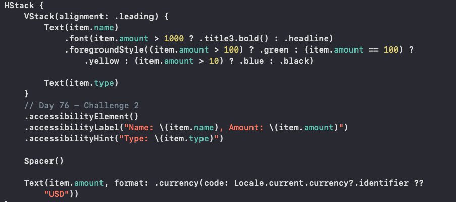 KhumarGirdhar's tweet image. Day 76 of the #100DaysOfSwiftUI

Accessibility: Project 15 - Day 3
(technique project focusing on SwiftUI Accessibility)

completed all 3 challenges:
- Hidden decorative images in CupcakeCorner(P10) CheckoutView
- List in iExpense (P7) reads out name &amp;amp; value in one VoiceOverLabel