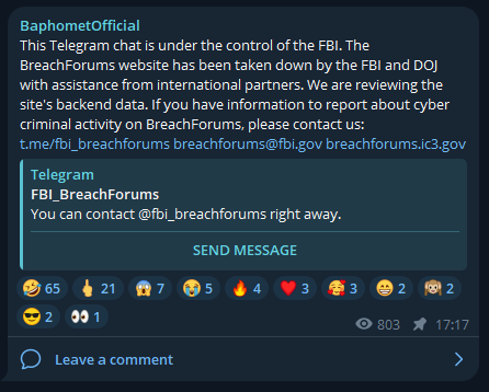 [UPDATE] According to the latest announcement, the Telegram channel of BreachForums is also under the control of the FBI. #DarkWeb #BreachForums #cybersecurity