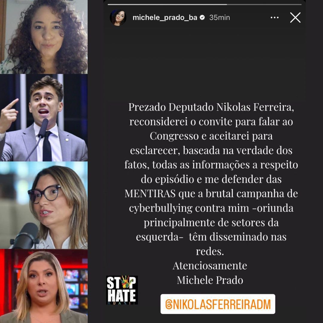 Ontem, quando apresentei o convite da pesquisadora Michele Prado para prestar depoimento na Câmara acerca de uma denúncia da existência de Milícias Digitais no Governo Lula, ela, respeitosamente, negou o convite. Contudo, hoje recebi a informação da sua reconsideração em relação