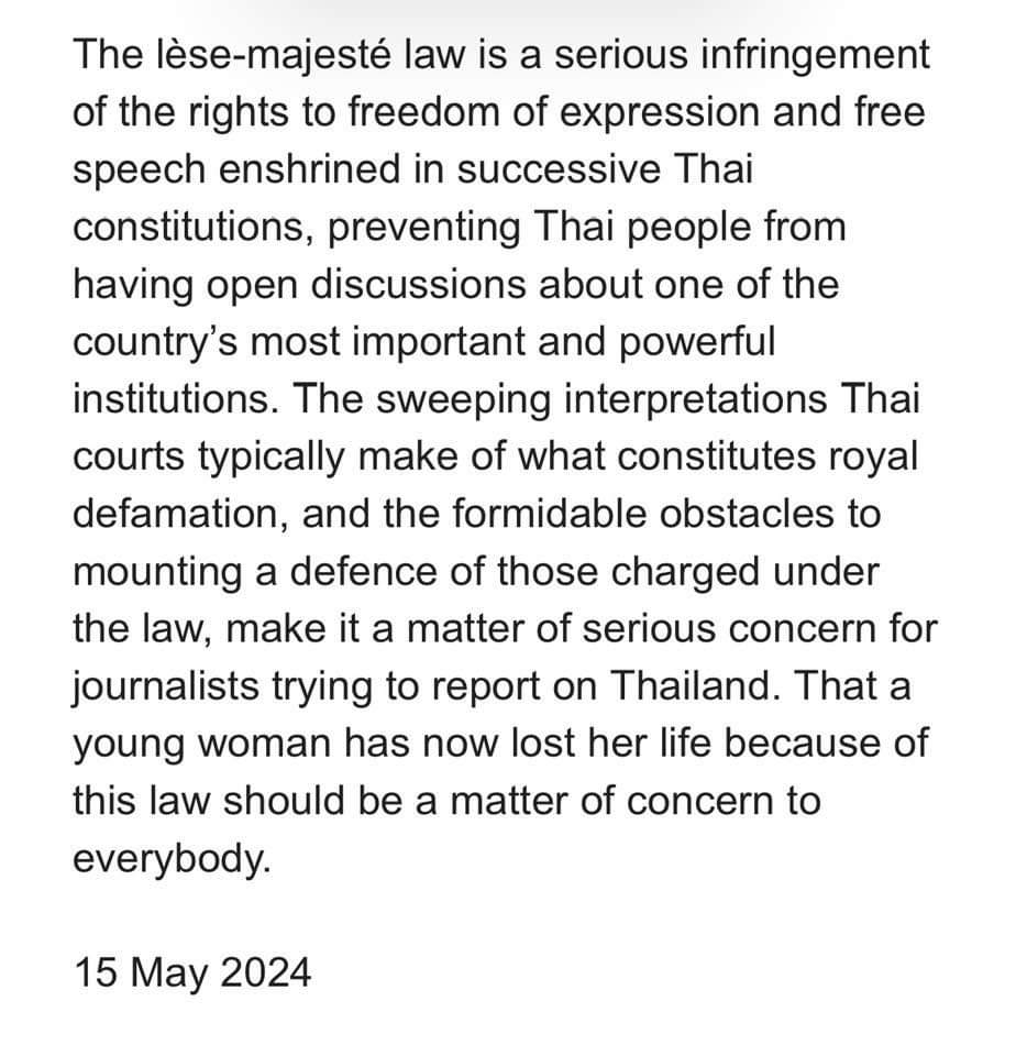 In a rare move, the Foreign Correspondents Club of Thailand @FCCThai has issued a statement on Weds on the death of lese majeste detainee Netiporn 'Bung' Thaluwang. (Pics via Jeanne Marie Hallacy.  #Thailand #whatshappeningThailand #LM #บุ้ง #บุ้งทะลุวัง #ม112 #ยกเลิก112