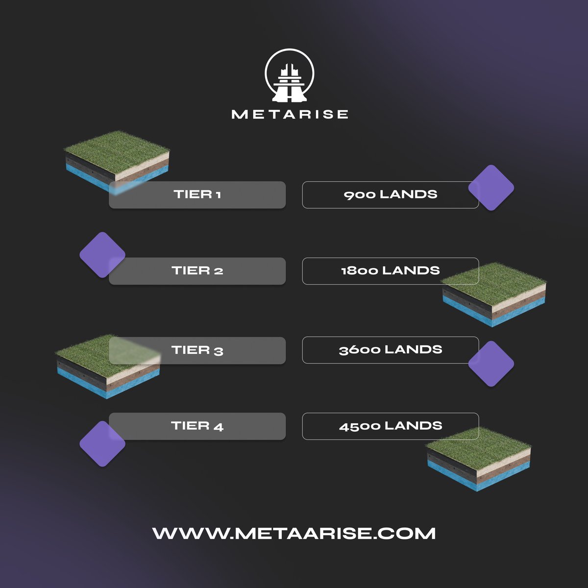 Choose your tier, secure your spot. A range of virtual lands awaits in METARISE – find the one that fits your vision! 🌐✨ #Metarise #VirtualRealEstate #LandPresale #Metaverse #DigitalLands