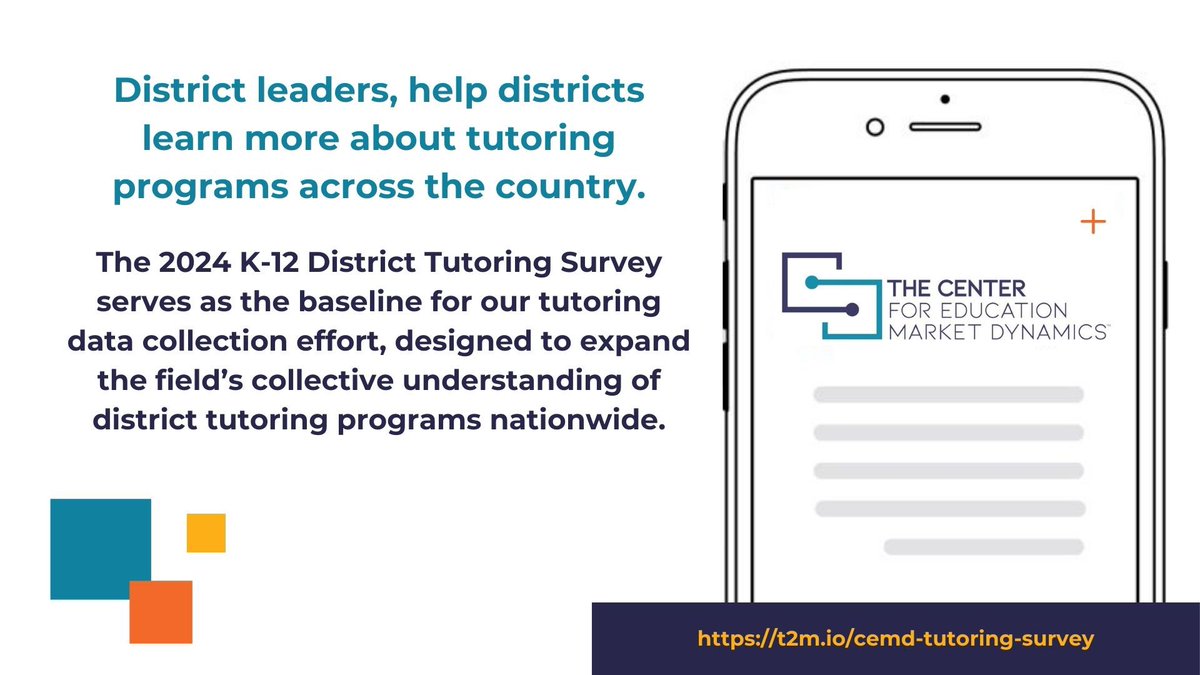 Calling all district leaders! Help @the_cemd’s 2024 K-12 tutoring data collection effort by participating in their survey and sharing your district’s #tutoring program information! 15-min survey here:t2m.io/cemd-tutoring-…