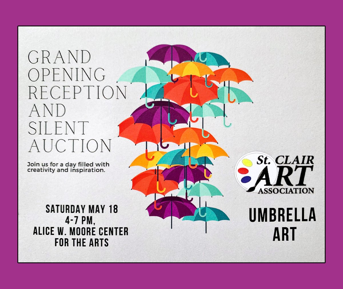 The Umbrella Event - this Saturday in St. Clair - My 'Picassorama' umbrella will be on display and up for auction. #umbrellaart #grandopening #reception #silentauction #stclairartassociation #stclairmichigan #tarahuttonartist #pohoartist #saturdaymay18th
