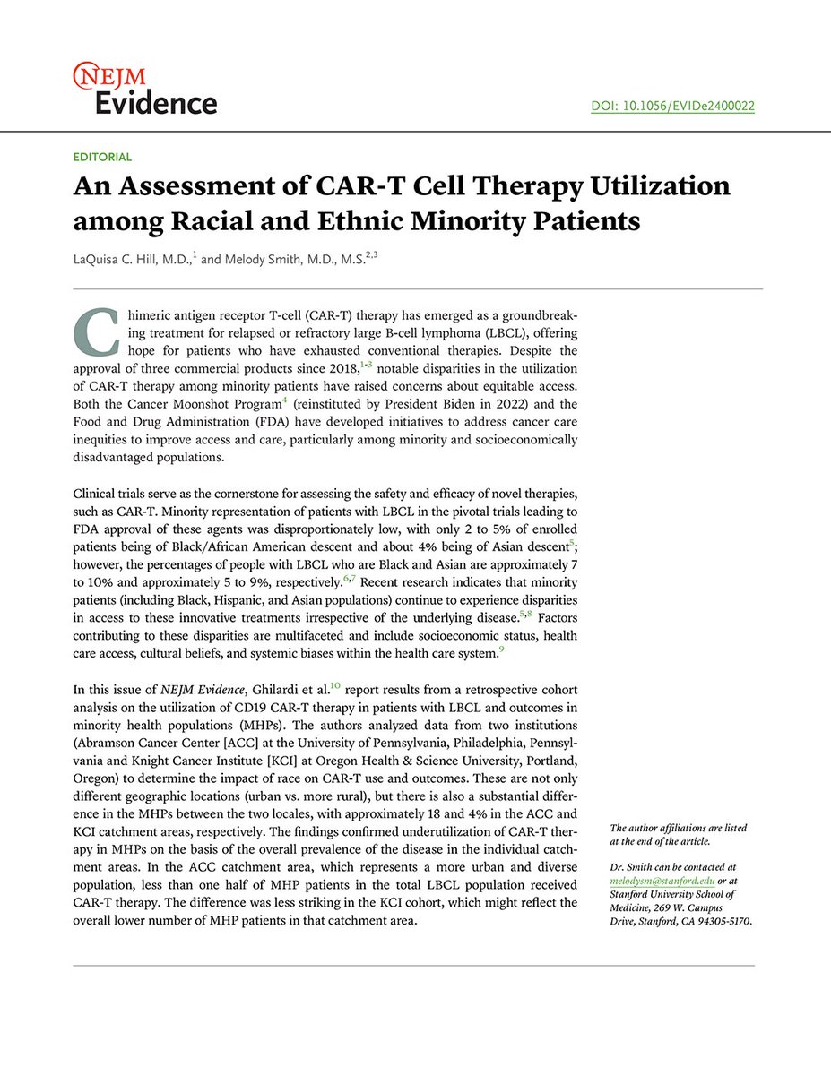 “Disparities in the utilization of CAR-T therapy for [large B-cell lymphoma] treatment among minority patients represent a significant challenge in contemporary oncology care.” Read the full editorial by Drs. LaQuisa Hill and Melody Smith: eviden.cc/3x2z1Nv