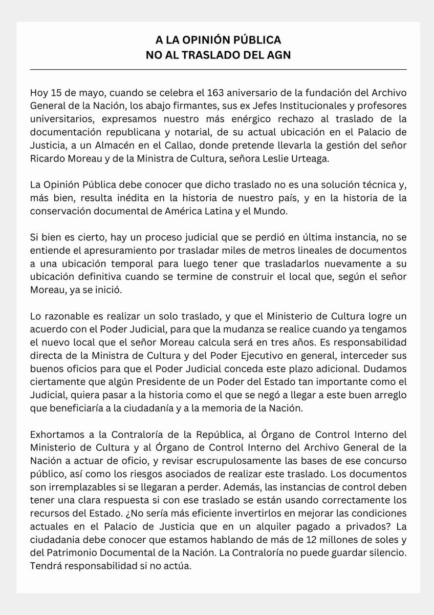 DagerJoseph's tweet photo. Hoy 15 de mayo, aniversario de la fundación del Archivo General de la Nación, comparto este pronunciamiento

#AGNnoseva #NoAlTraslado #SalvemosNuestraHistoriaPeru https://t.co/pS2adjhZsI