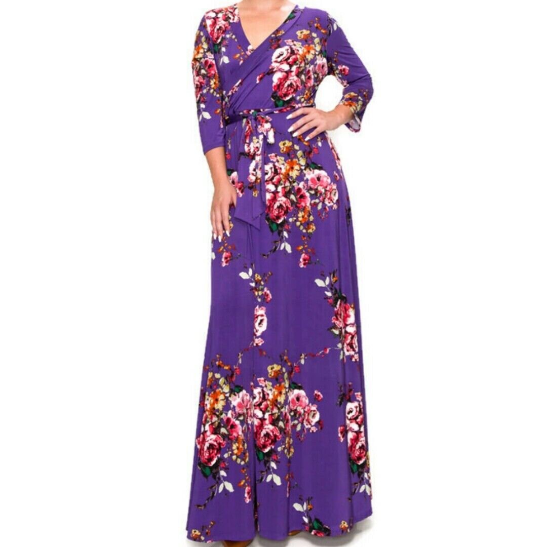 Purple Floral Faux Wrap Maxi Plussize Dress tuppu.net/c76d230a #smallbusiness #plussizefashion #wedding #jumpsuits #womenfashion #janettefashion #FauxWrapDresses